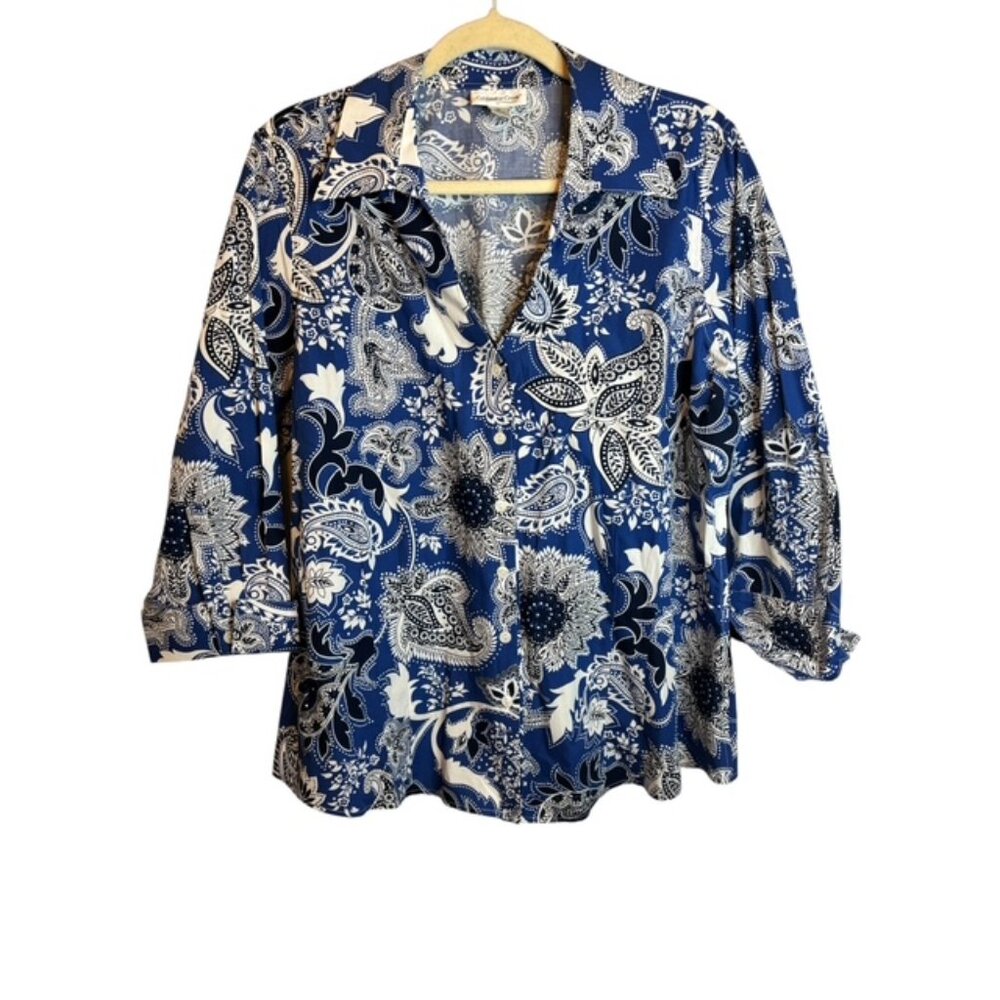 Coldwater Creek Blouse Women's 1X Paisley Floral Blue White
